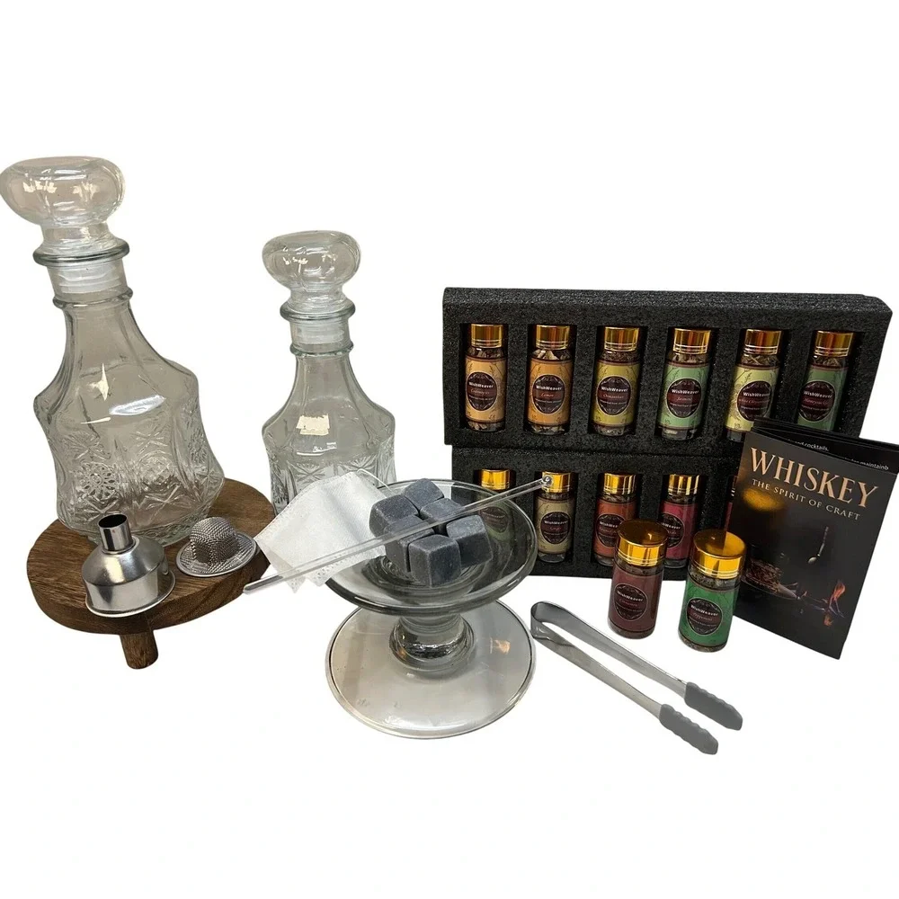 Wishweaver Premium Whisky Infusion Kit 2 Decanters 14 Spices Whiskey Stones Set